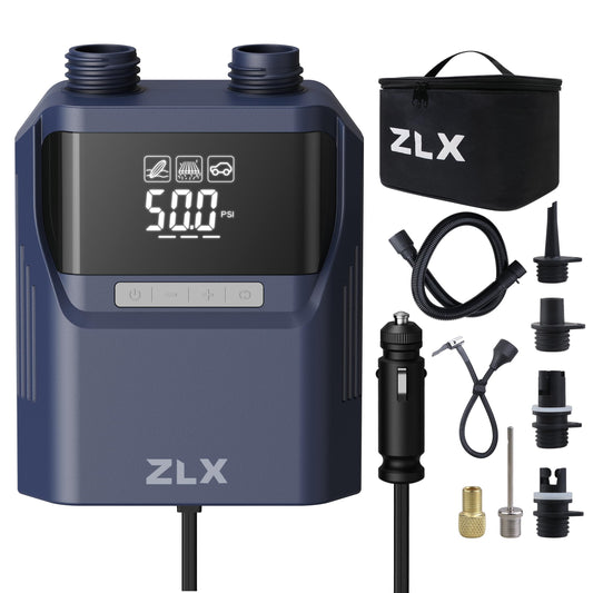 ZLX Electric Air Pump, 50PSI SUP Pump with 12V DC Car Connector (300cm Charging Cable), High Pressure Dual Stage Paddle Board Accessory for Inflatable Kayaks, Boats, Tents, Air Mattresses