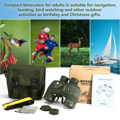10x50 Marine Binoculars with night vision rangefinder and compass, perfect for water sports enthusiasts and hobby sailors. Includes carrying case, dust caps, and neck strap.