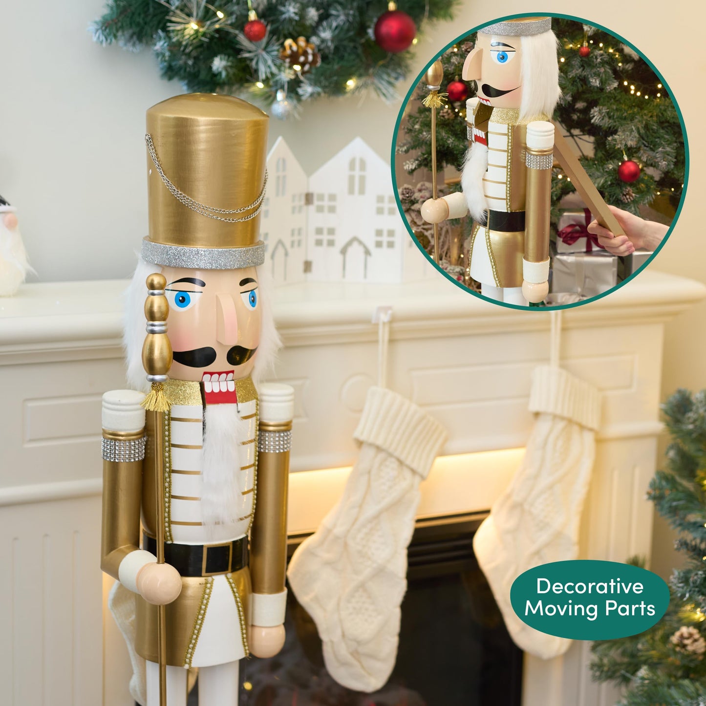 THE TWIDDLERS XXL Giant Wooden Nutcracker Soldier King, 120cm in Gold & White, High-quality handcrafted pine wood, Traditional ornament, Christmas decoration with movable parts