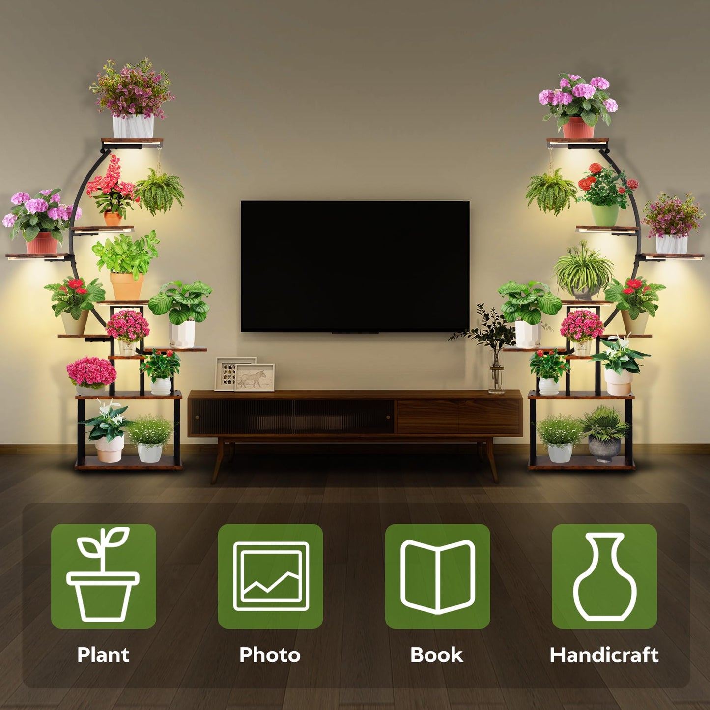 REAWOW Large Flower Stairs with Plant Lamp, 9-Tier Metal Plant Stand for Multiple Plants Wooden Plant Shelf for Indoor Plants, Living Room, Patio, Balcony