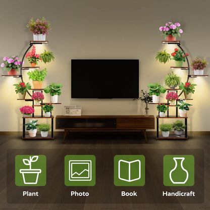 REAWOW Large Flower Stairs with Plant Lamp, 9-Tier Metal Plant Stand for Multiple Plants Wooden Plant Shelf for Indoor Plants, Living Room, Patio, Balcony