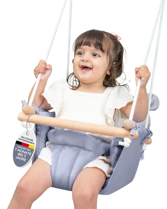 AMAZING Baby and Toddler Swing | Adjustable baby swing. Complete set with hanging kit for indoor and outdoor use | 3-in-1 solution for babies and children from 7 months to 3 years - Blue
