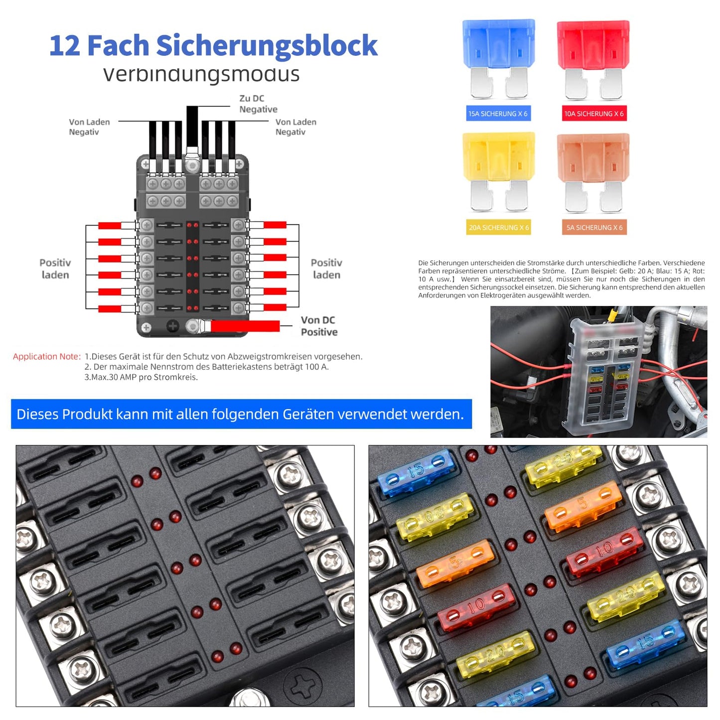 12-way blade fuse, 12V fuse holder car fuse box 24 fuses waterproof fuse block with LED indicator Positive Negative for DC 12V/24V auto truck boat VAN SUV marine vehicle