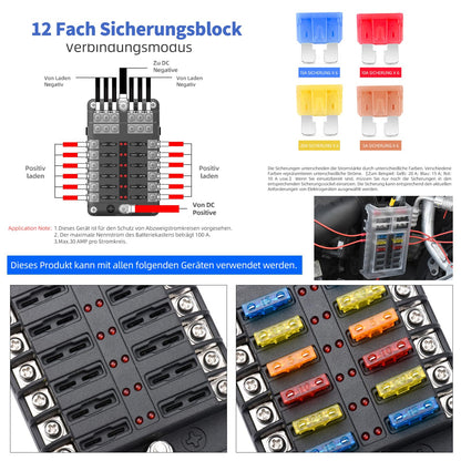 12-way blade fuse, 12V fuse holder car fuse box 24 fuses waterproof fuse block with LED indicator Positive Negative for DC 12V/24V auto truck boat VAN SUV marine vehicle