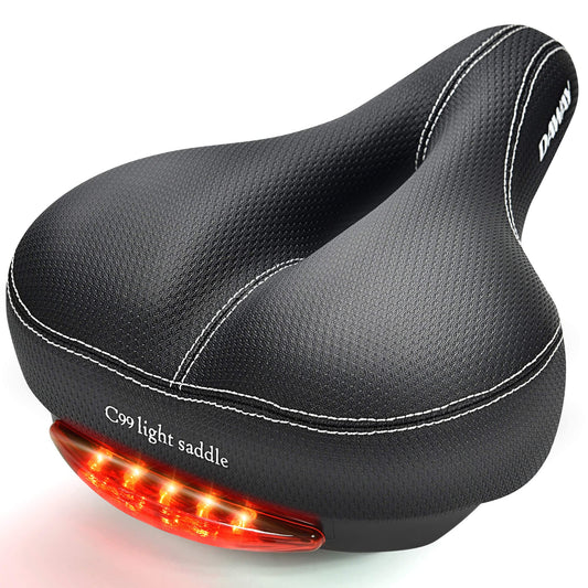 DAWAY C99 Bike Saddle for Women & Men - Comfortable, wide MTB saddle made of high-quality leather with integrated taillight, dual suspension and soft memory foam, compatible with most bikes.