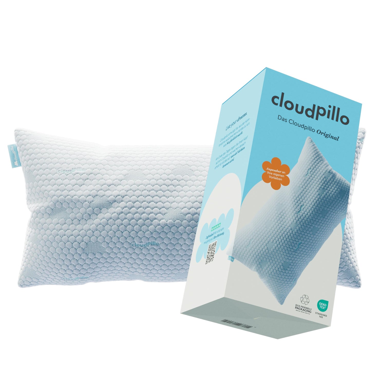 Cloudpillo pillow 40x80 cm - Ergonomic memory foam pillow, adjustable height sleeping pillow for all sleeping positions, breathable & hypoallergenic, ideal for side sleepers.