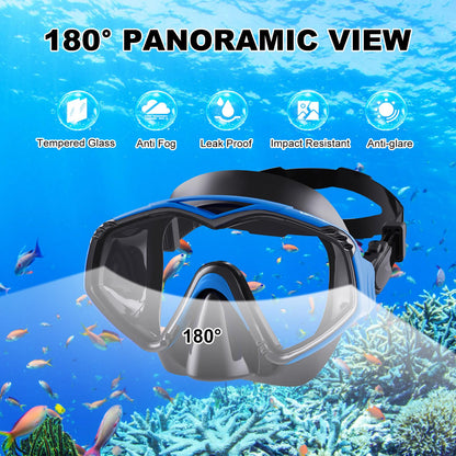 Adult Dorlle snorkel set includes premium dry snorkel and tempered glass diving mask, 180° panoramic view, anti-fog, anti-leak features for snorkeling and swimming. Comes with a carrying bag.