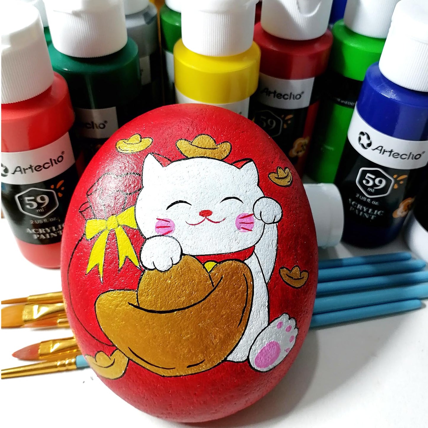 Artecho Acrylic Paint Set 18 x 59ml with 10 brushes, Waterproof and Lightfast Acrylic Paints, Non-toxic, Ideal for Canvas, Paper, and Fabrics, Suitable for Beginners and Professionals