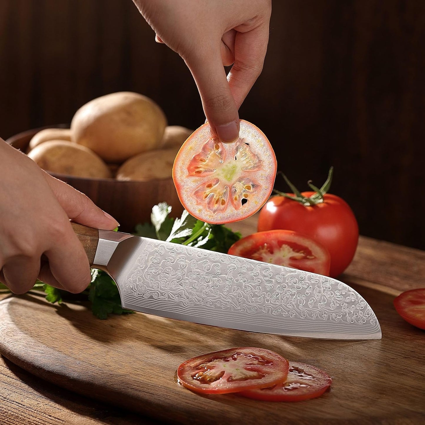 Wakoli Oribu kitchen knife with sharp 17.5 cm Damascus blade made of 67 layers of Damascus steel - Santoku knife with olive wood handle - vegetable knife - sharp knife in gift box - utility knife