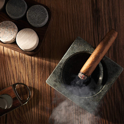 Whiskey Stones Gift Set with Cigar Cutter & Cigar Ashtray - 6 Handcrafted Premium Granite Stones - Luxurious Whiskey & Cigar Accessories Gold Foil Gift Box