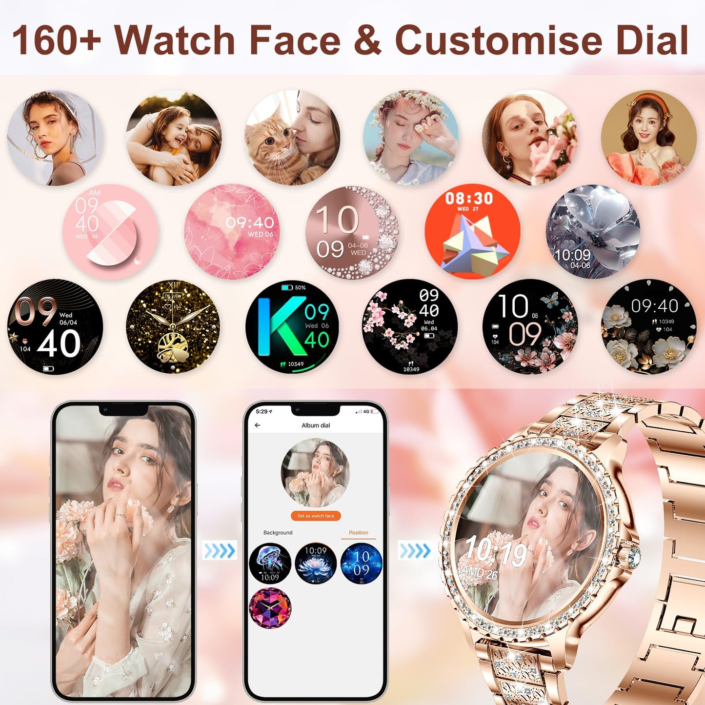 The Fitonyo smartwatch for women with phone function and diamond design features a 1.32" round HD display, call capability, and 120+ sports modes. Compatible with Android and iOS devices.