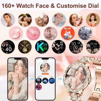 The Fitonyo smartwatch for women with phone function and diamond design features a 1.32" round HD display, call capability, and 120+ sports modes. Compatible with Android and iOS devices.