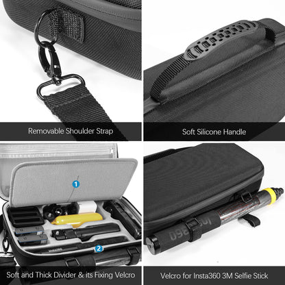 AMAZEAR carrying bag for Insta360 X4 / X5 case, compatible with 3m 9.8ft Extended Edition selfie stick, portable waterproof shoulder bag for Insta360 X5 / Insta360 X4 / X3 ONE X2 accessories.