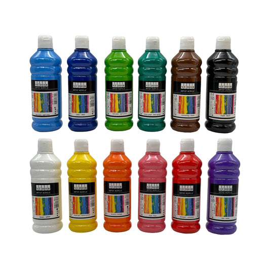 ACRYLIC PAINT SET. 12 colors per 500ml. High-quality and opaque painting colors for wood, stone, canvas, paper, fabric, leather, metal, Pouring. All-purpose colors. Acrylic Primary Colors Set 12 x 500 ml.