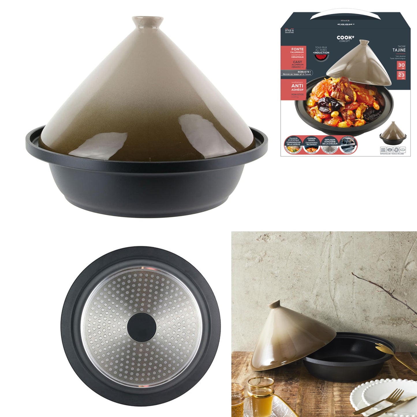 COOK CONCEPT - KC24041 - Tajine induction cast iron aluminum Round ceramic hob stainless steel Taupe Kitchen hotplate