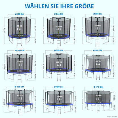 KINETIC SPORTS Trampoline Outdoor 'Salto Plus' Ø 183/244/305/366/400/430/490 cm - Complete Set for Kids, USA Jumping Mat, Net, Padding, Ladder - up to 160kg.