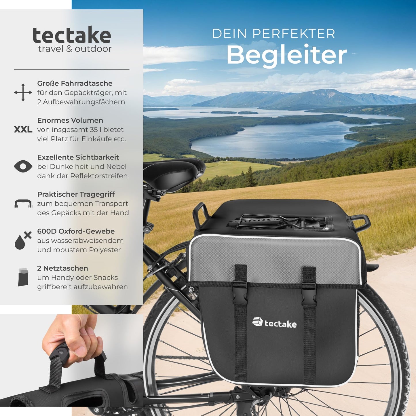 tectake® Luggage carrier bag for bicycles and eBikes, 35 L, Bicycle bags for luggage carrier, Saddle bag made of water-repellent PVC, Luggage carrier bags with reflective stripes and carrying handle, Bikepacking