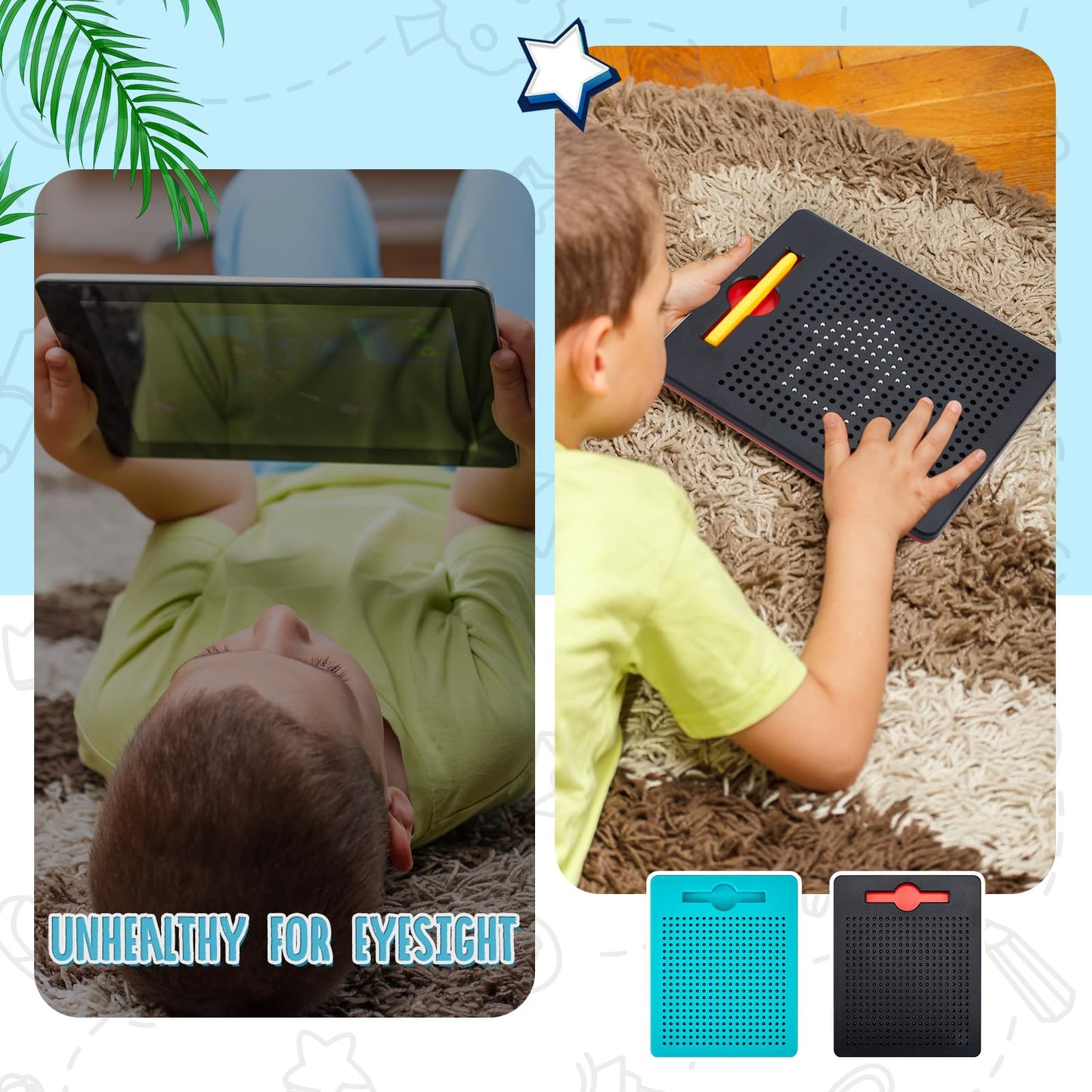 I bought 2 small magnetic drawing boards with pen, magnetic drawing board with steel ball, magnetic drawing tablet, whiteboard for educational gifts (black, lake blue).