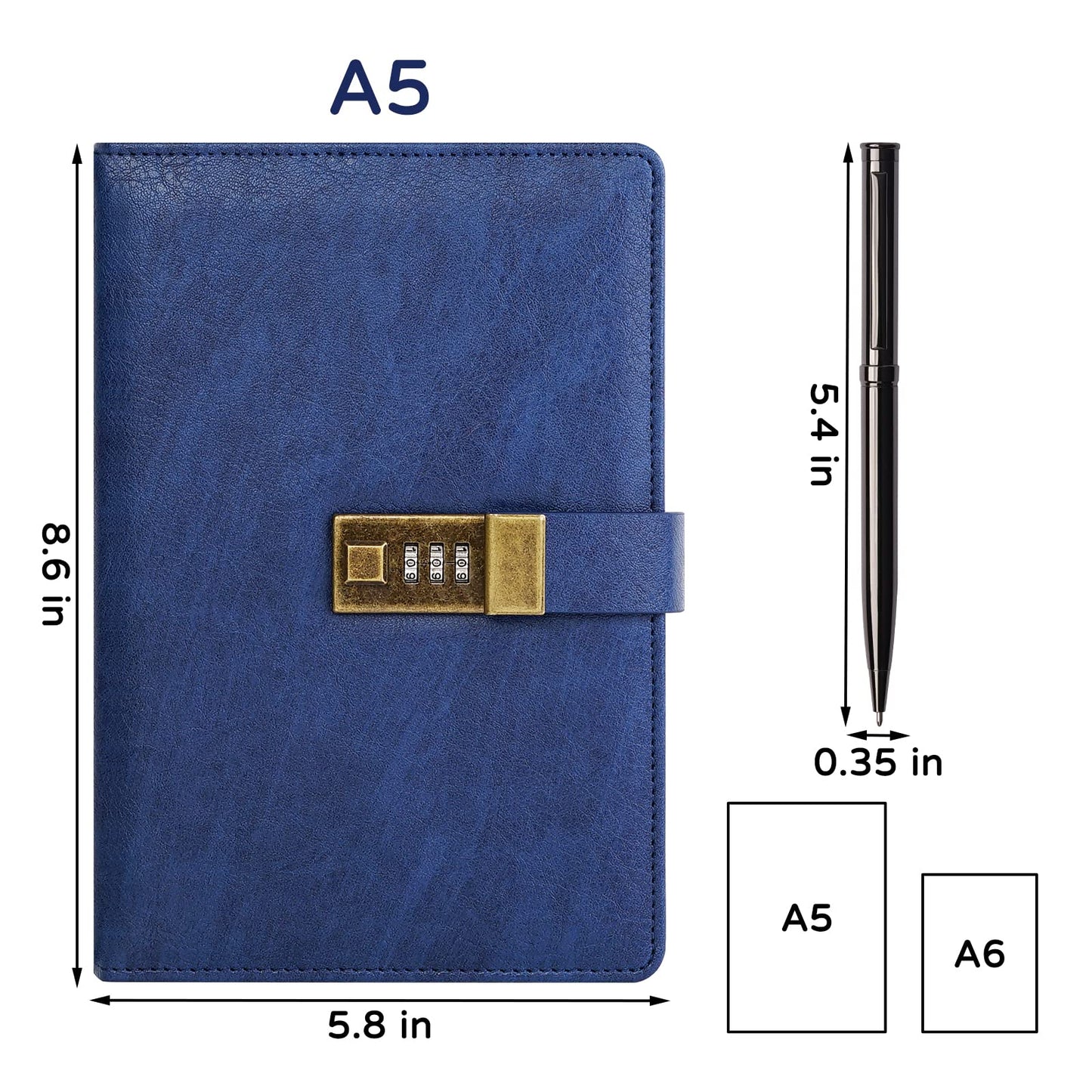 WEMATE Diary with Lock, A5 PU Leather Journal with Lock 240 Pages, Vintage Lock Journal with Pen & Gift Box, Lockable Diary for Women & Men, 8.6x5.8in (Blue)