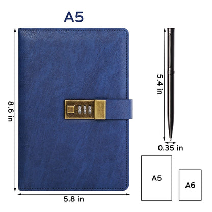 WEMATE Diary with Lock, A5 PU Leather Journal with Lock 240 Pages, Vintage Lock Journal with Pen & Gift Box, Lockable Diary for Women & Men, 8.6x5.8in (Blue)