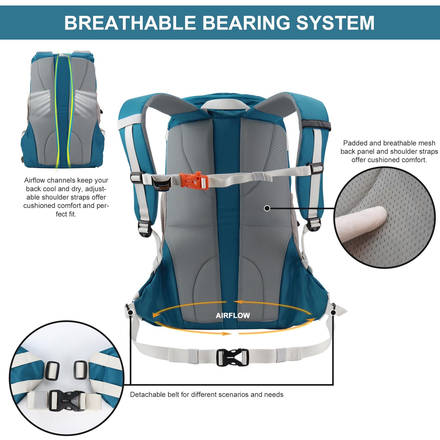 Mountaintop 35L hiking backpack for men and women. Ideal for camping, hiking, cycling, and day trips. Includes rain cover. Dimensions: 55x30x18cm.