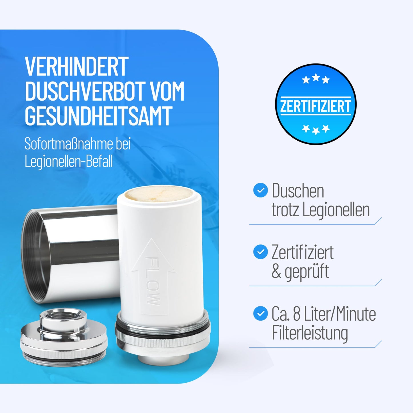 sanquell Legionella filter shower bathtub Longlife | Certified | Complete set | Replaceable filter | Instant protection for apartment, hotel | Stylish & discreet chrome