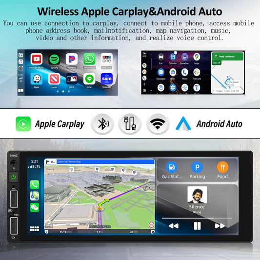 Single-Din car stereo with wireless Carplay, Android Auto, Bluetooth, 6.8-inch touchscreen, Mirror Link, AUX/USB/FM Radio, EQ, SWC, rear view camera, remote control, and microphone.