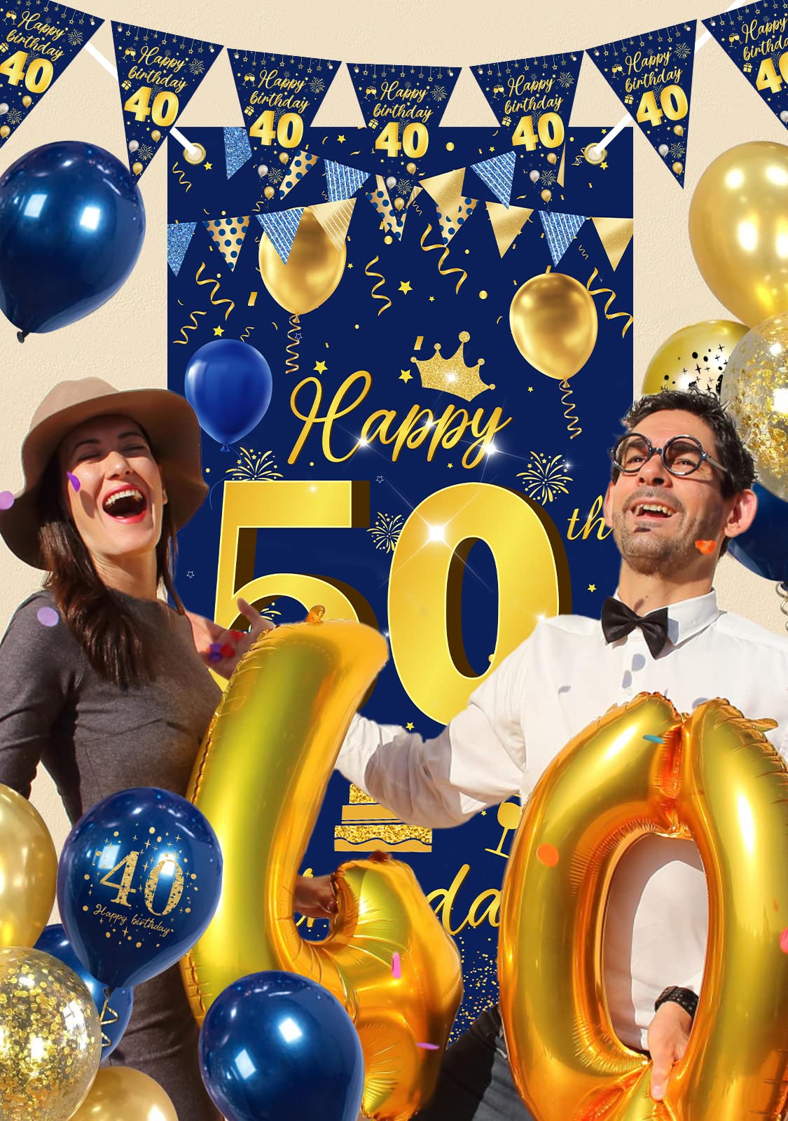 40th Birthday Decorations Banner & Garland - Blue-Gold, Balloons & Confetti