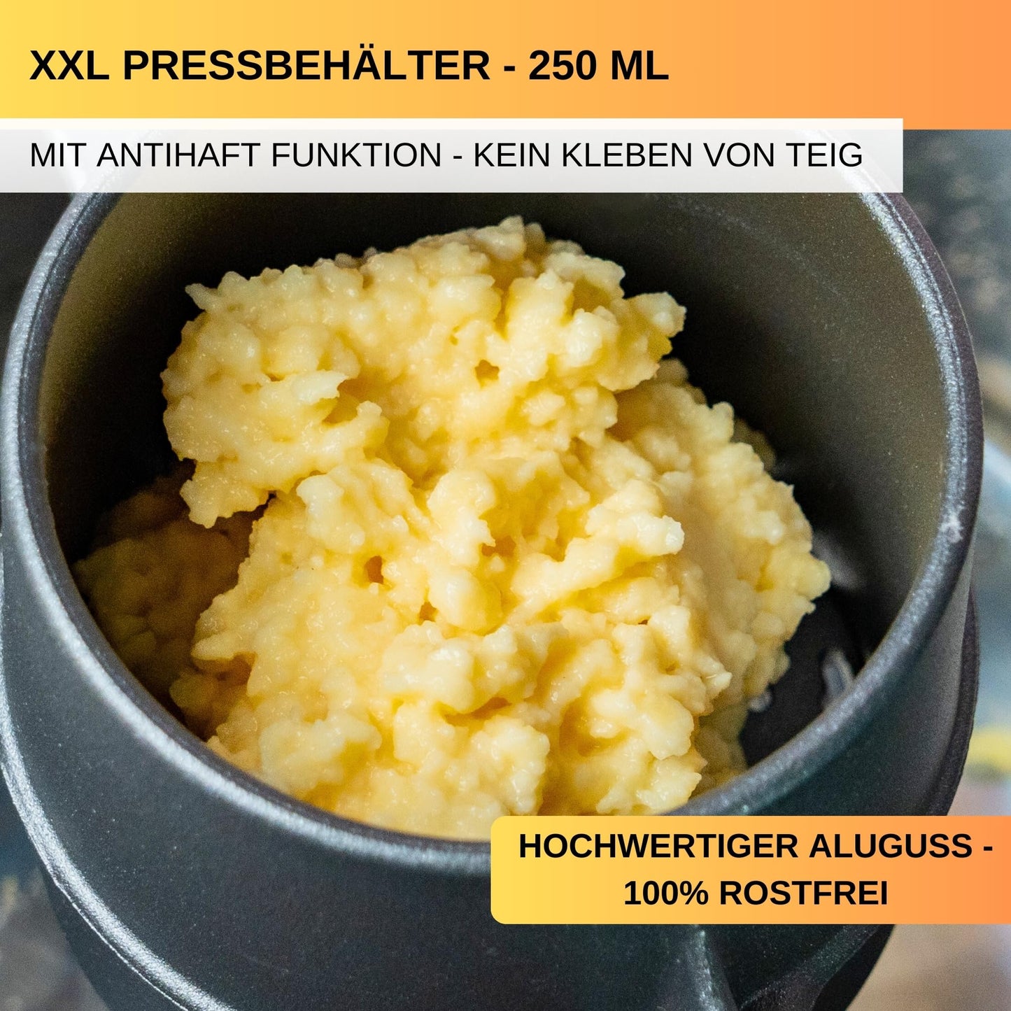 Thiru spaetzle press hole diameter approx. 3mm - test winner 2024 - try risk-free for 60 days - round hole with foam scoop & support lugs - ideal for spaetzle, mashed potatoes, juices - made in Germany.