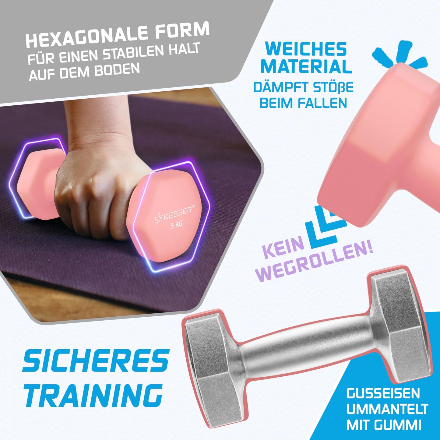 KESSER® Dumbbells Dumbbell Set 2 pieces 2kg - 5kg colored, Dumbbells Neoprene, Hexagon, Strength Training, Workout, Fitness Training, for Home With Exercise Booklet, 2x Fitness Bands