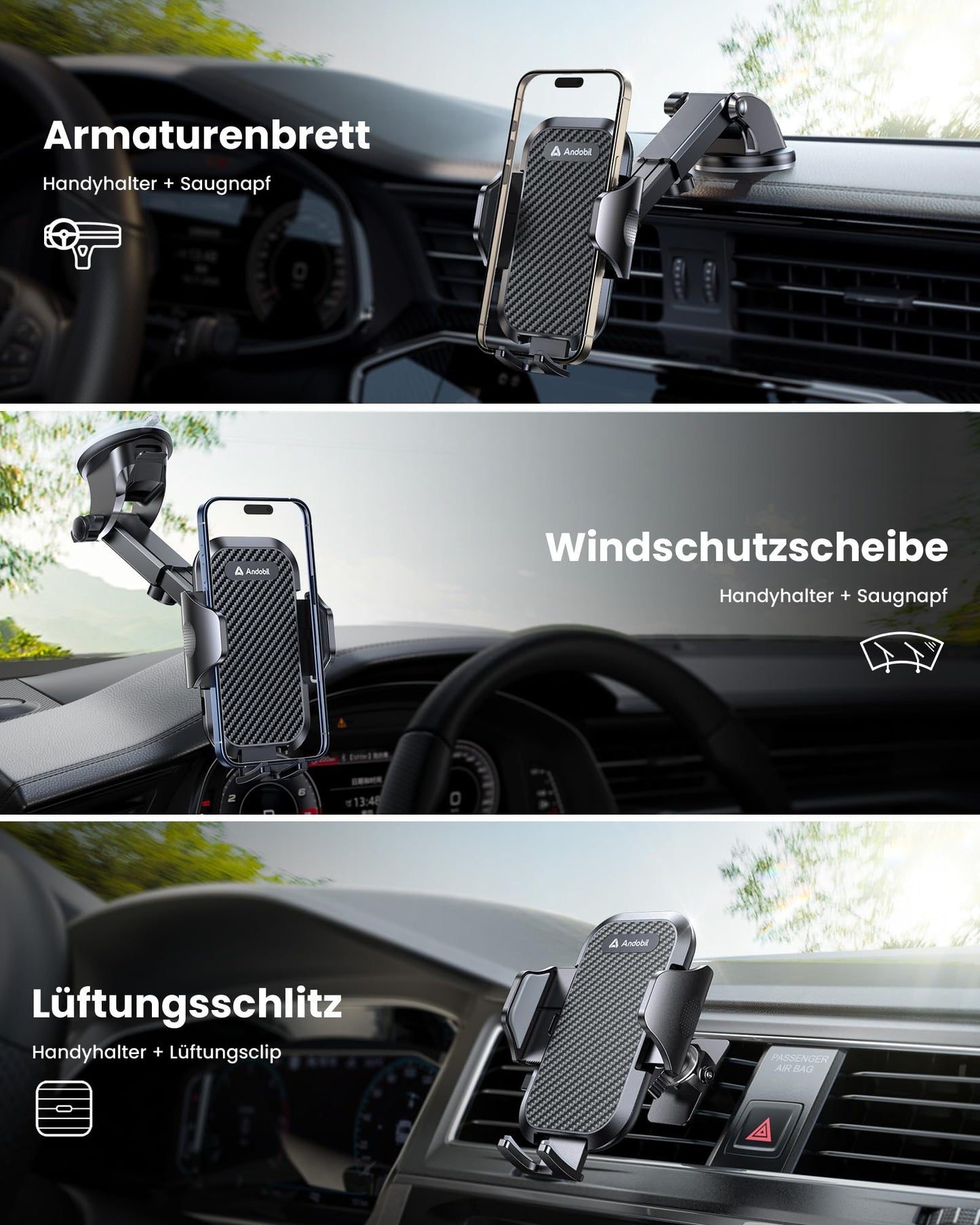 andobil Car Phone Holder [2025 Latest Suction Cup] 3 in 1 Suction Cup & Vent Holder Universal Car Mount Accessory for iPhone 17 Pro Max Air 16/15/14/13/12 Samsung Galaxy S24 Ultra/S23/S22, etc.