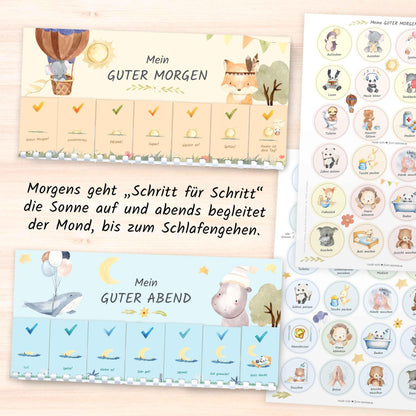 Morning and evening routines for kids - Routine planner for morning and evening: Animals (DIN A4 daily plan with flaps, Handmade in Germany) Checklist with Velcro dots to flip.