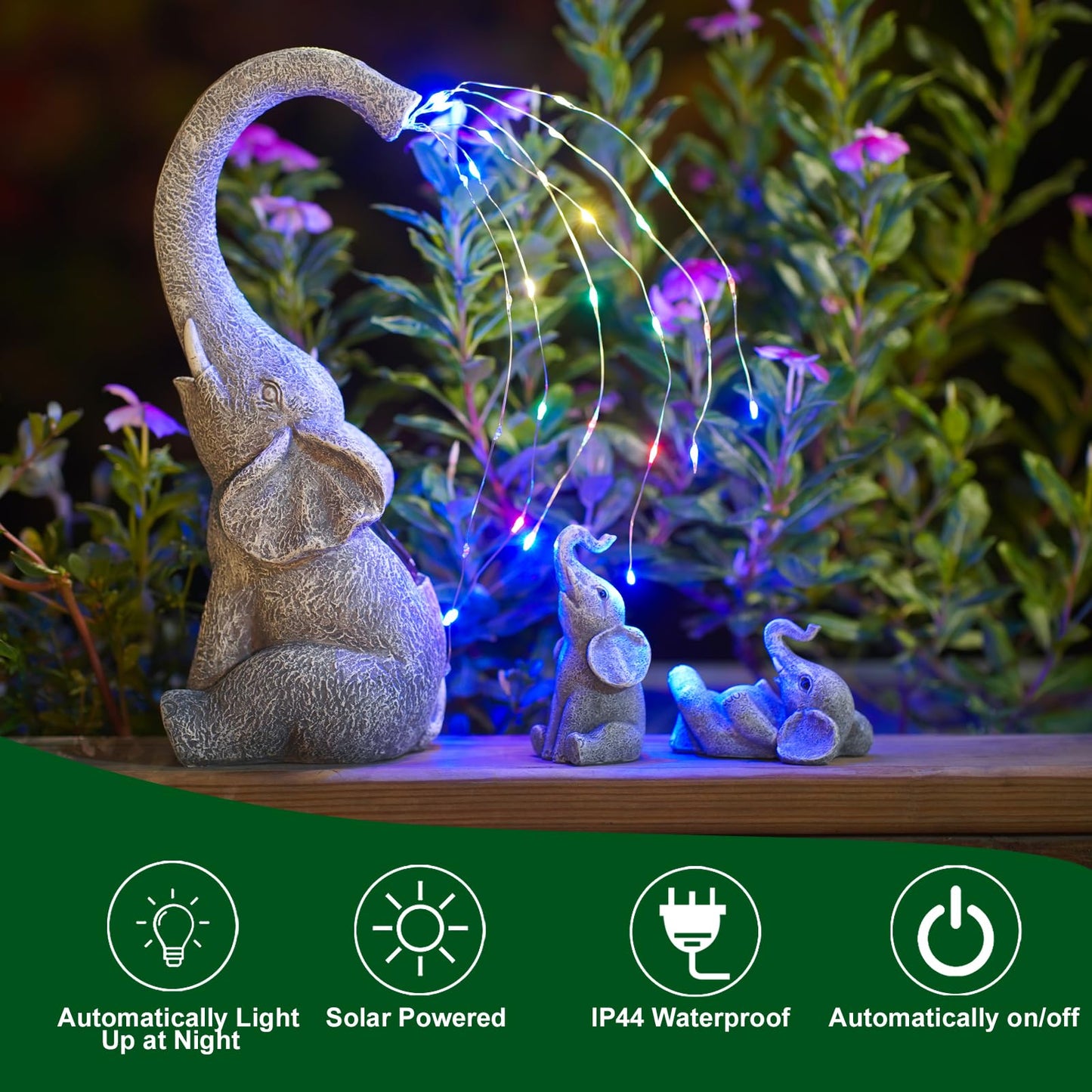 Yeomoo elephant decor garden statues with solar string lights outside: mother elephant with 2 baby elephants outdoor garden decor gifts for mom women living room weatherproof balcony patio decor