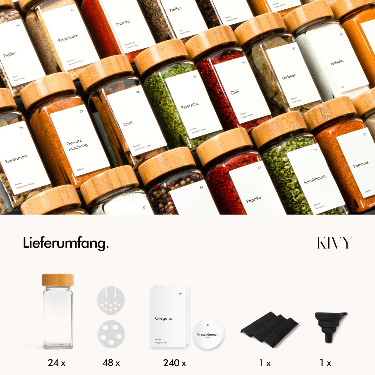 KIVY Spice Rack with Jars | incl. 24 spice jars with labels - Adjustable width - Spice organizer drawer - Spice drawer insert spice storage - Spice insert drawer