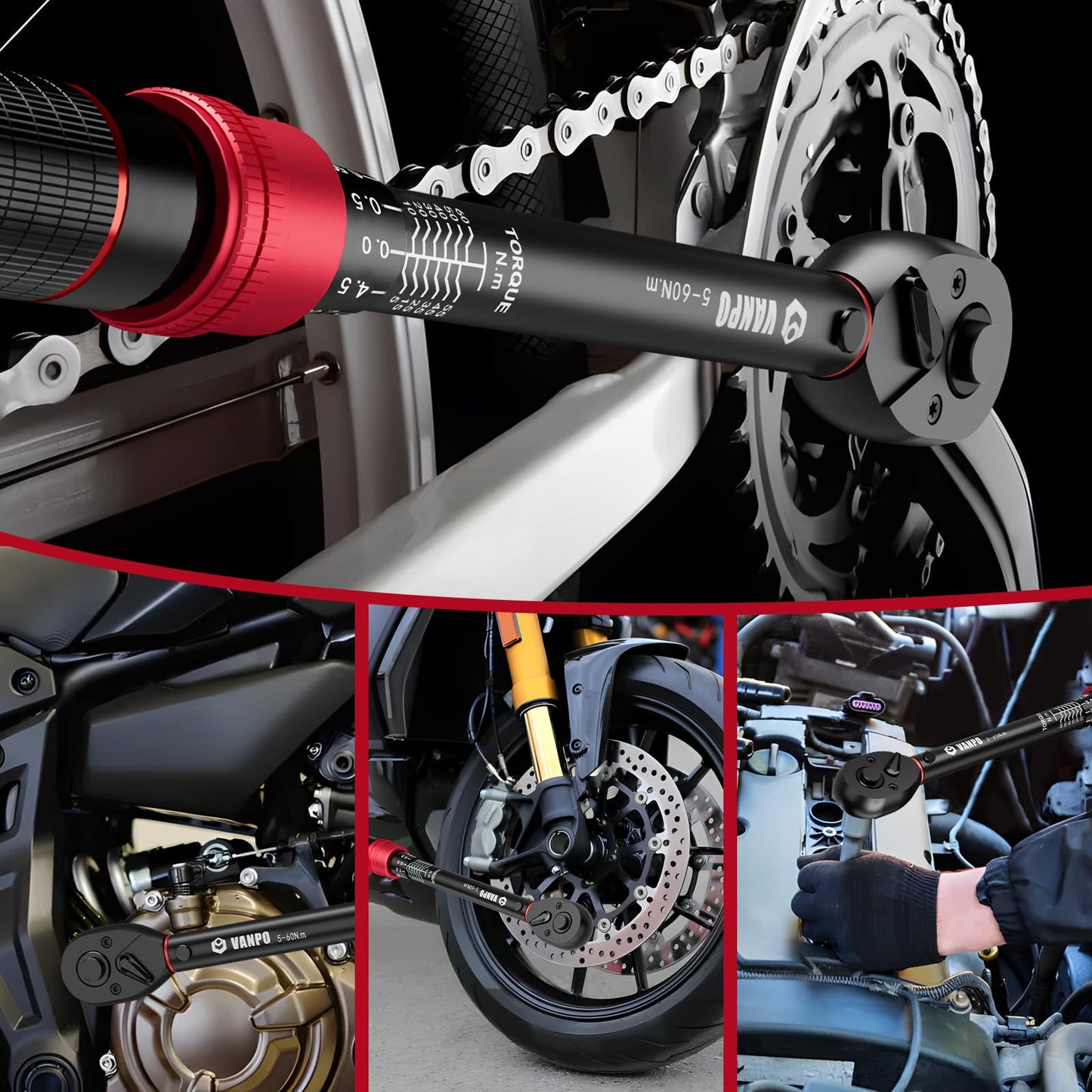 VANPO 3/8 inch torque wrench 5-60Nm, 72 teeth bicycle & motorcycle torque wrench set 3 pieces with 125mm extension bar, 3/8"-1/4" adapter, for car spark plug replacement.