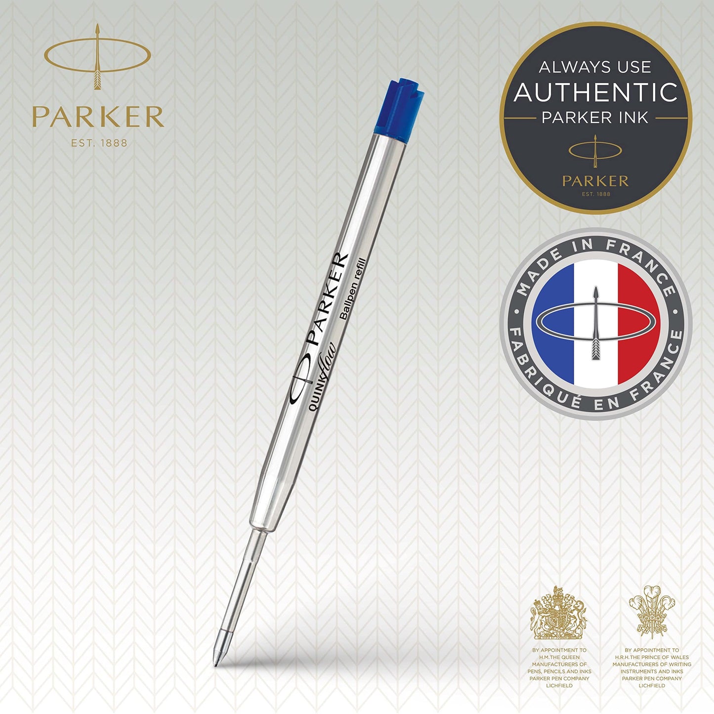 Parker ballpoint pen refills with medium point and blue QUINKflow ink, 10 count.