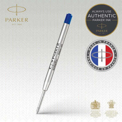 Parker ballpoint pen refills with medium point and blue QUINKflow ink, 10 count.