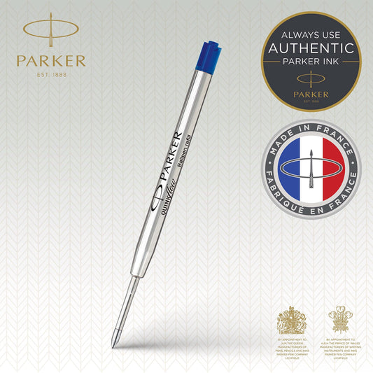 Parker ballpoint pen refills with medium point and blue QUINKflow ink, 10 count.