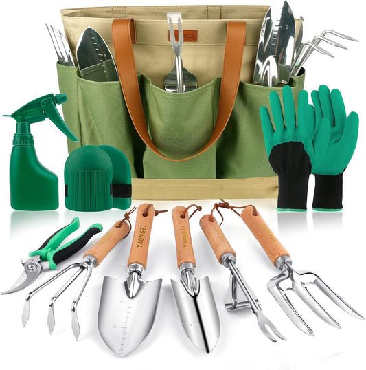 YAUNGEL Garden Tool Set, 10 Piece Heavy Duty Stainless Steel Gardening Kit with Non-Slip Wooden Handle- Garden Gifts Packaging for Women Men, Green