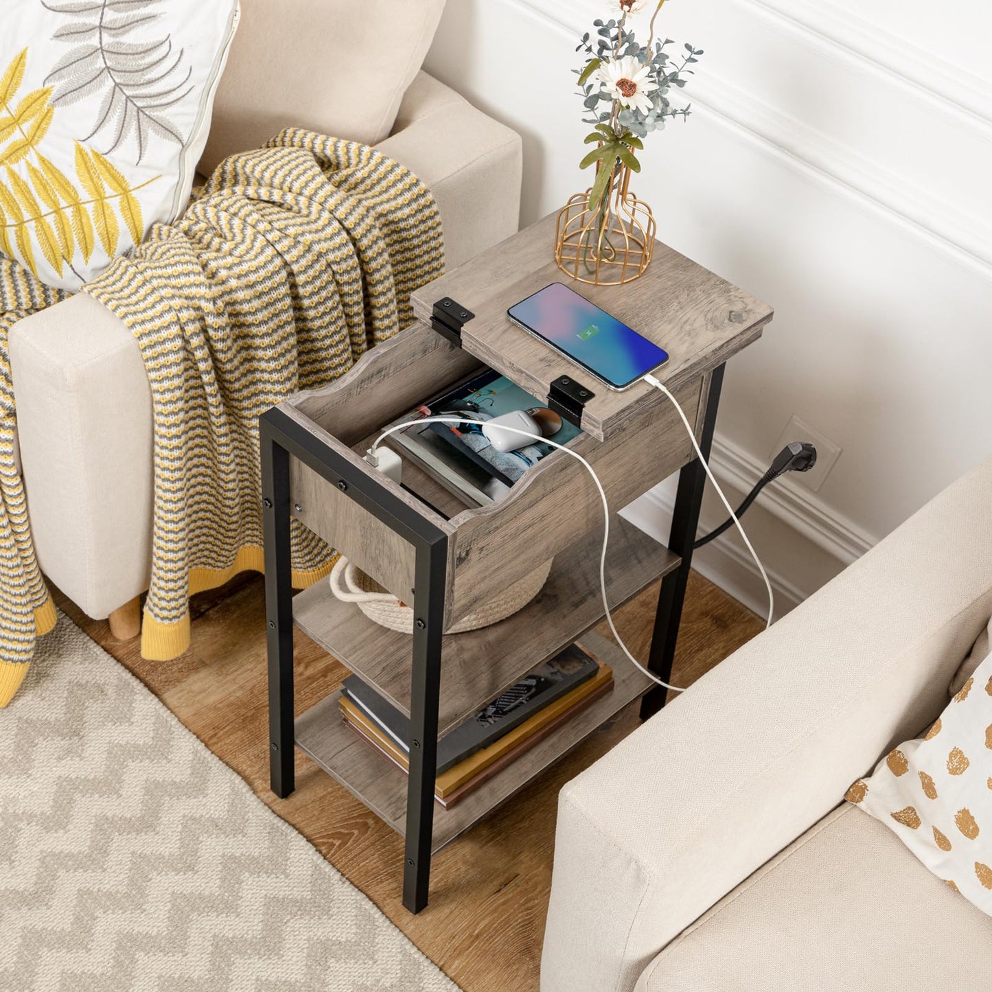 HOOBRO Side Table, Flip-Top Coffee Table with Charging Station and Shelf, Narrow Bedside Table for Small Spaces, Bedroom, Living Room, Sturdy, Greige-Black EBG342BZ01