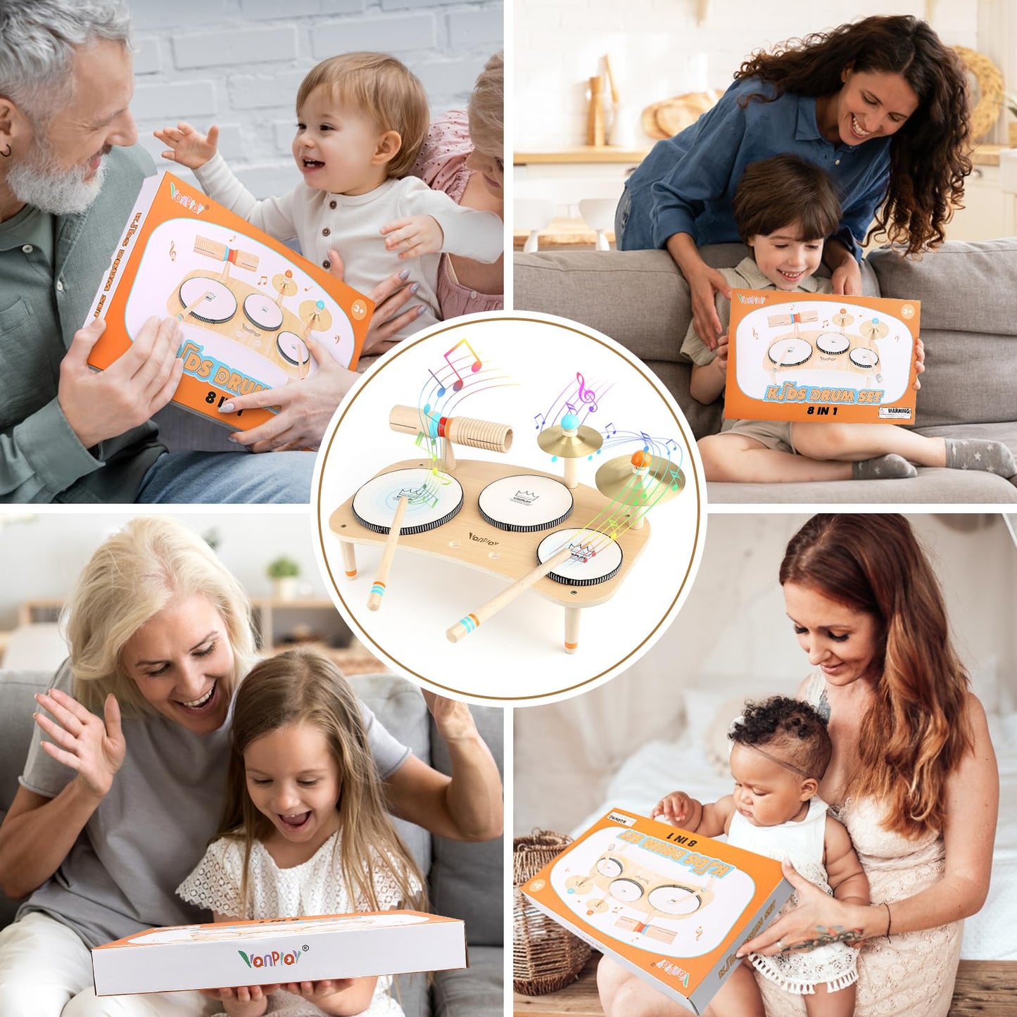 Wooden toy drum set for kids, 8 in 1 musical instruments children's toy for ages 3-5, boys and girls Montessori toy.