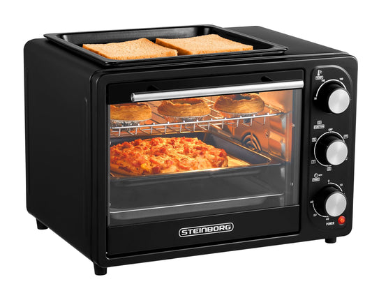 3in1 Mini Oven 20 liters with convection including warming plate | 2 baking trays + grill rack | Mini Oven | Pizza Oven | switchable fan | removable grill plate | 60 min timer | 1300W