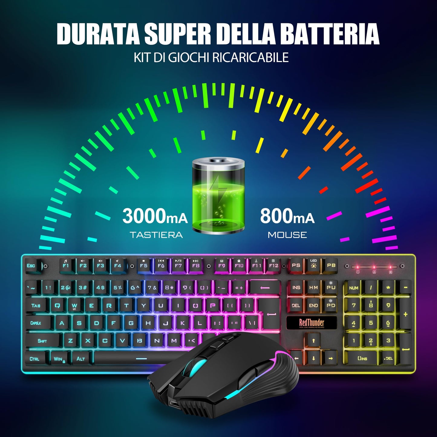 RedThunder K10 Wireless Gaming Keyboard and Mouse, LED backlighting, rechargeable 3800 mAh battery, mechanical feel, Anti-Ghosting + 7D 3200 DPI mouse, QWERTY layout, PC gamer