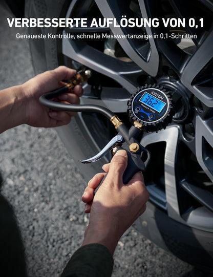 AstroAI Digital Tire Inflator with Gauge, 250 PSI, Air Chuck and Compressor Accessories, Durable, with Rubber Hose and Quick Connect Coupler for 0.1 Screen Resolution