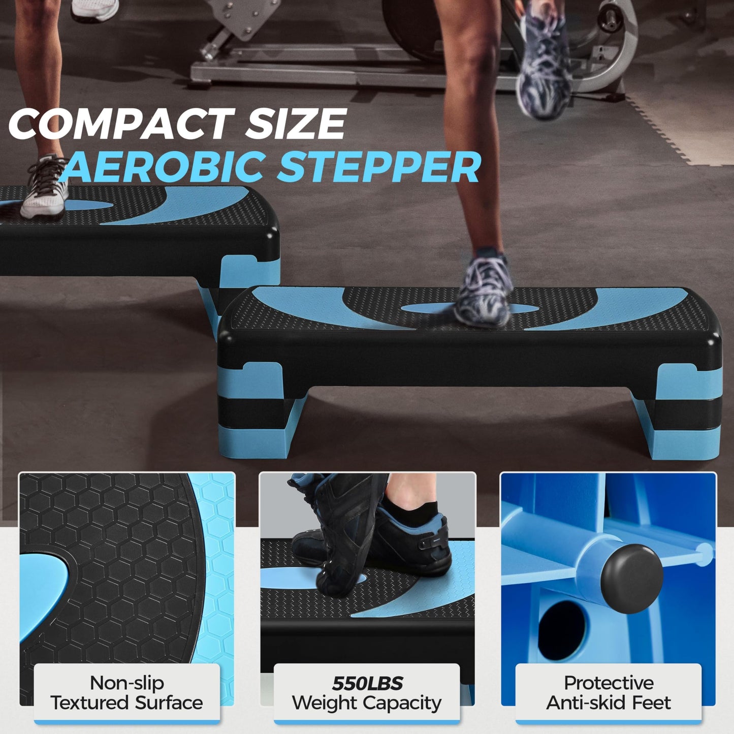 Yaheetech Fitness Aerobic Stepper with 3 levels (10/15/20 cm) Adjustable Step Bench, Non-slip training equipment for office and home in Blue.