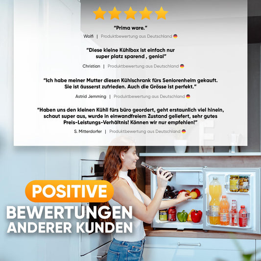 Silentstar Mini Fridge E 45L with automatic defrost, lock, freezer compartment, quiet, ideal for kitchen, office, bedroom, hotels and small apartments. Small fridge minibar drinks fridge silver.