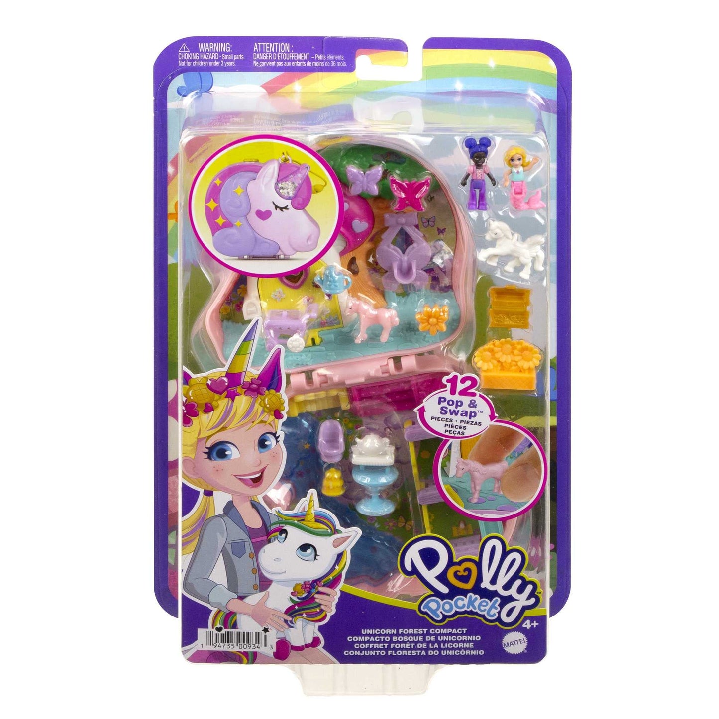 Polly Pocket Unicorn, in Enchanted Forest theme, with 13 accessories including 2 dolls (1 mermaid), tea set, and unicorn pets, toy for ages 4 and up, HCG20