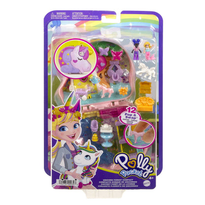 Polly Pocket Unicorn, in Enchanted Forest theme, with 13 accessories including 2 dolls (1 mermaid), tea set, and unicorn pets, toy for ages 4 and up, HCG20