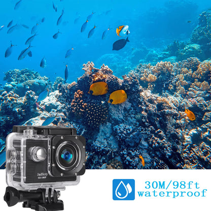 Jadfezy Action Cam FHD 1080P/12MP, underwater camera waterproof up to 30M, 140 degree wide angle action camera with two 900 mAh rechargeable batteries and accessory set.