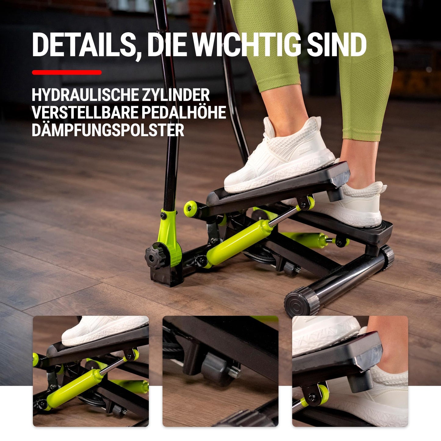Hop-Sport Stepper Lime Green with handles - Nordic Walking and Swing Stepper for home, Adjustable stepping surfaces, Detachable expanders, Cardio fitness device for home.